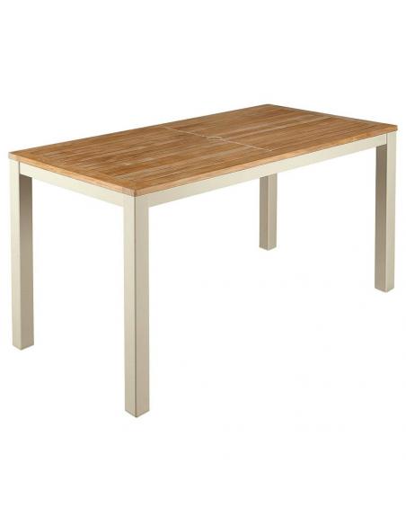 Barlow Tyrie Aura 140cm Rectangular Narrow Table – Champagne Frame with Teak Top