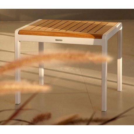 Barlow Tyrie Aura 52cm Rectangular Side Table - Champagne Frame with Teak Top