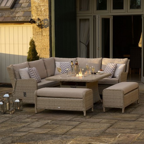 Bramblecrest Chedworth Sandstone Reclining Casual Dining Set with Square Fire Pit Table