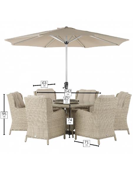 Bramblecrest Chedworth Sandstone 6 Seater Dining Set with Lazy Susan & Parasol