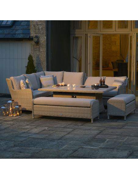 Bramblecrest Chedworth Sandstone Reclining Casual Dining Set with Large Rectangle Fire Pit Table & 2 Benches