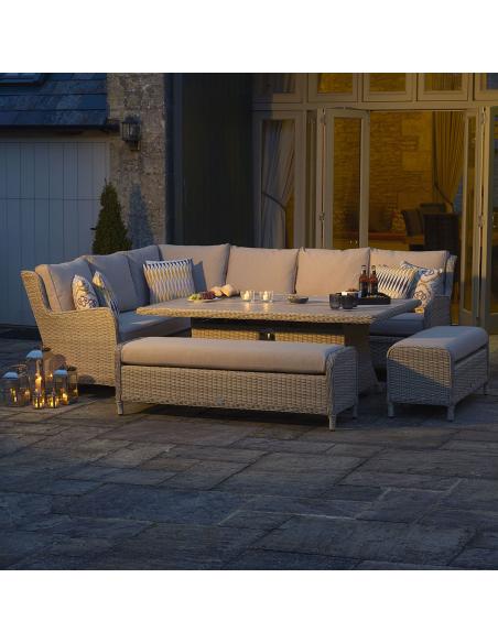 Bramblecrest Chedworth Sandstone Reclining Casual Dining Set with Large Rectangle Fire Pit Table & 2 Benches