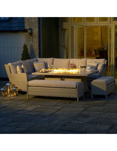 Bramblecrest Chedworth Sandstone Reclining Casual Dining Set with Large Rectangle Fire Pit Table & 2 Benches