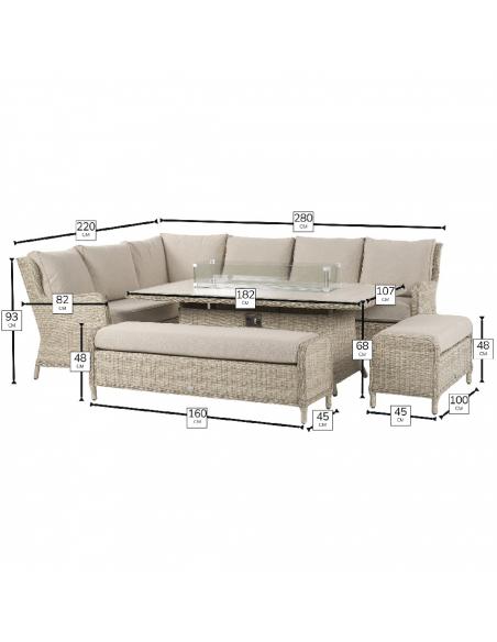 Bramblecrest Chedworth Sandstone Reclining Casual Dining Set with Large Rectangle Fire Pit Table & 2 Benches