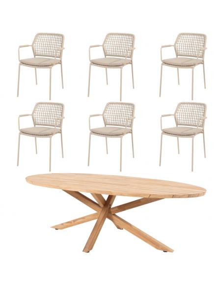 4 Seasons Outdoor Barista Latte 6 Seater Dining Set with Prado Ellipse Teak Table