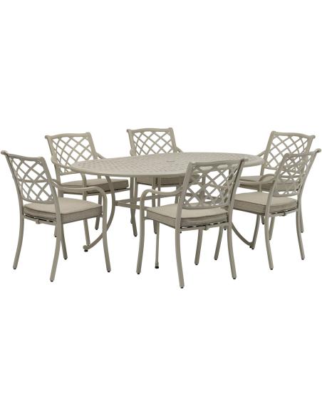 Bramblecrest RHS Bridgewater Stone 6 Seater Oval Dining Set with Parasol