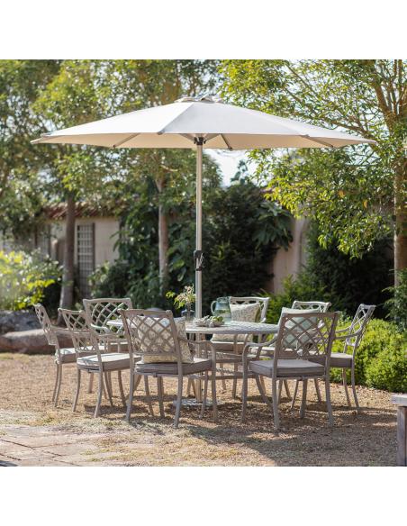 Bramblecrest RHS Bridgewater Stone 8 Seater Oval Dining Set with Parasol