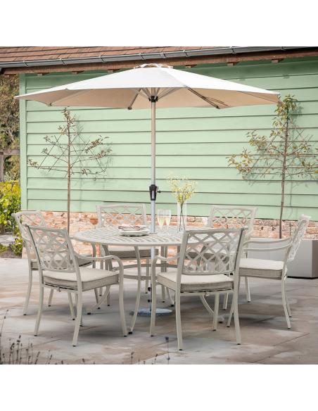 Bramblecrest RHS Bridgewater Stone 6 Seater Round Dining Set with Parasol