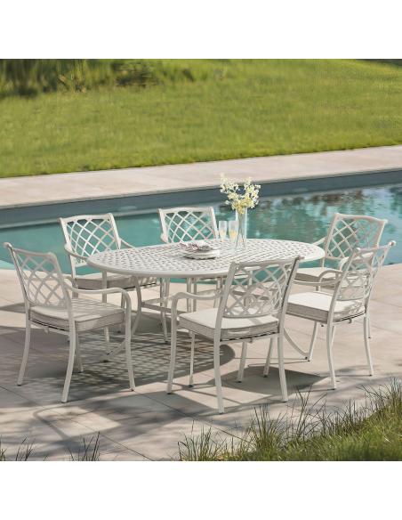 Bramblecrest RHS Bridgewater Stone 6 Seater Oval Dining Set with Parasol