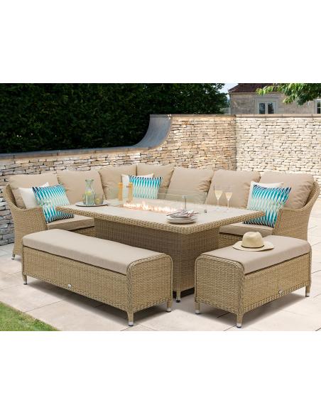 Bramblecrest Monterey Sandstone L-Shape Casual Dining Set with Fire Pit Table & 2 Benches