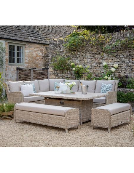 Bramblecrest Chedworth Sandstone Reclining Casual Dining Set with Large Rectangle Fire Pit Table & 2 Benches