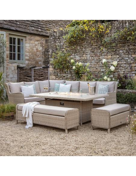 Bramblecrest Chedworth Sandstone Reclining Casual Dining Set with Large Rectangle Fire Pit Table & 2 Benches