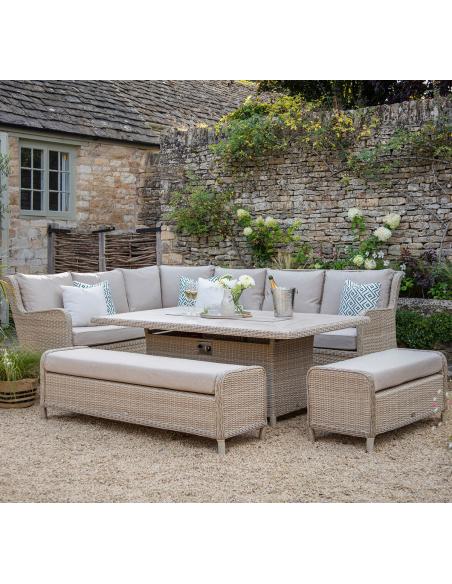 Bramblecrest Chedworth Sandstone Reclining Casual Dining Set with Large Rectangle Fire Pit Table & 2 Benches