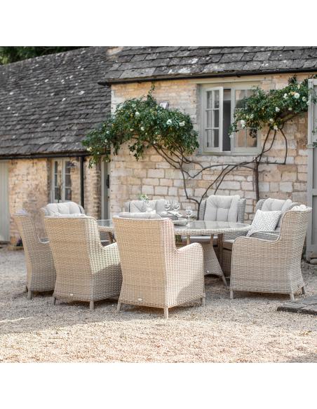 Bramblecrest Chedworth Sandstone 8 Seater Elliptical Dining Set with Lazy Susan & Parasol