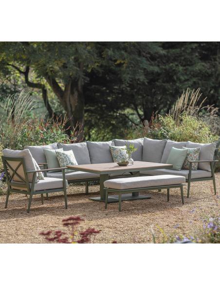 Bramblecrest RHS Wisley Sage L-Shape Sofa with Rectangle Piston Table, Bench & Chair - Long Left