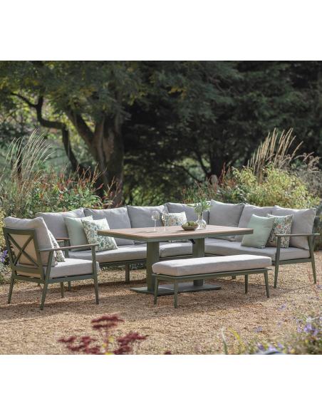 Bramblecrest RHS Wisley Sage L-Shape Sofa with Rectangle Piston Table, Bench & Chair - Long Left